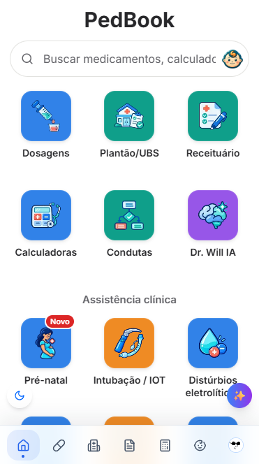 Tela inicial do PedBook com dosagens, condutas e calculadoras